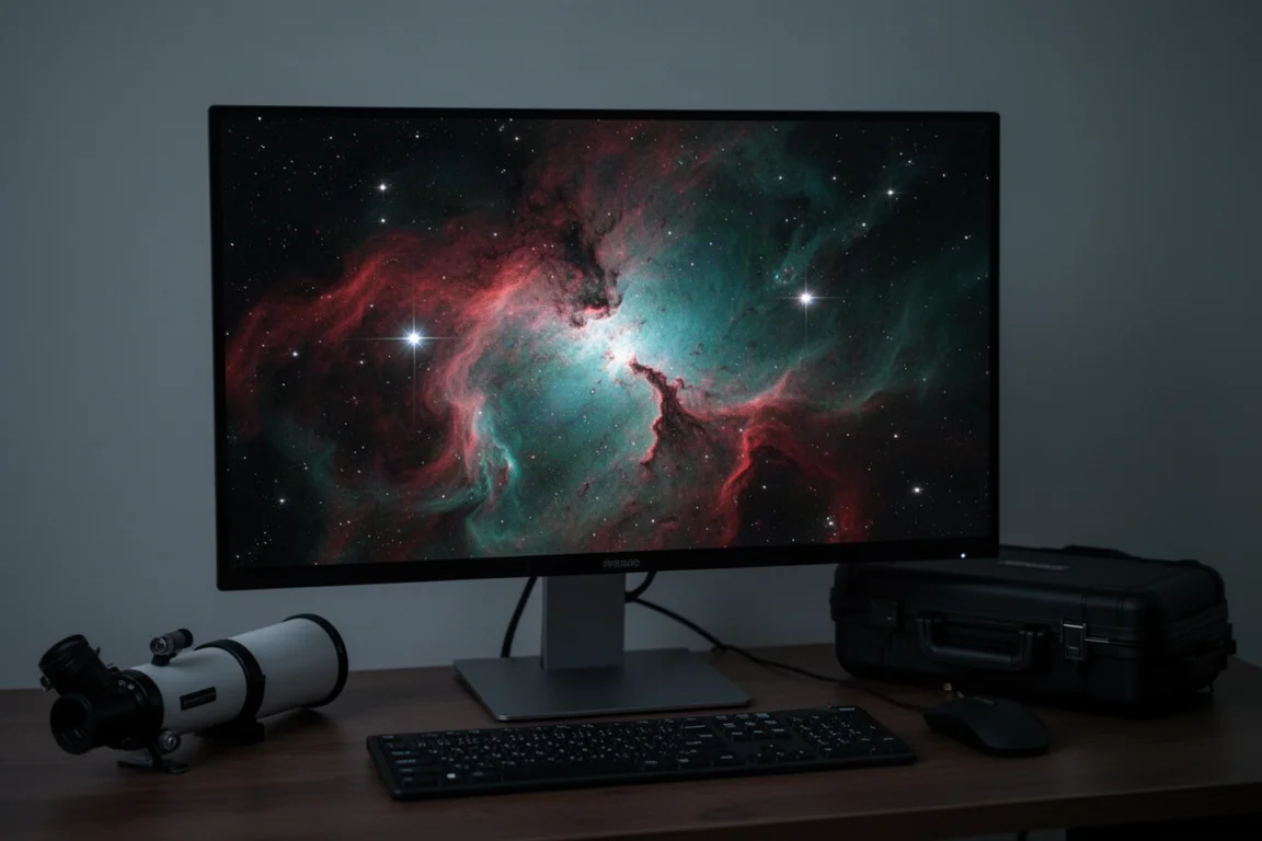 Monochromes Deep-Sky-Bild eines Nebels mit ausgedehnter Nebulosität und zwei hellen Sternen