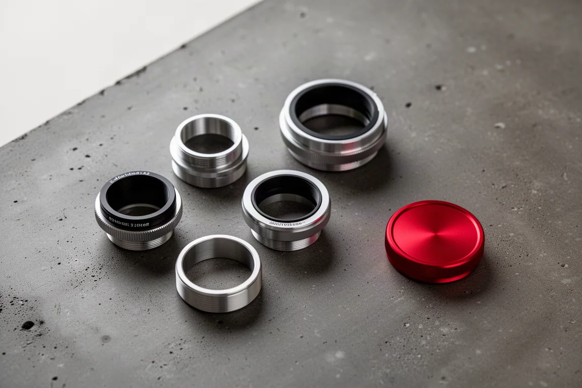 Gewinde-Teleskop-Adapter aus Metall, auf dunkler Oberfläche angeordnet