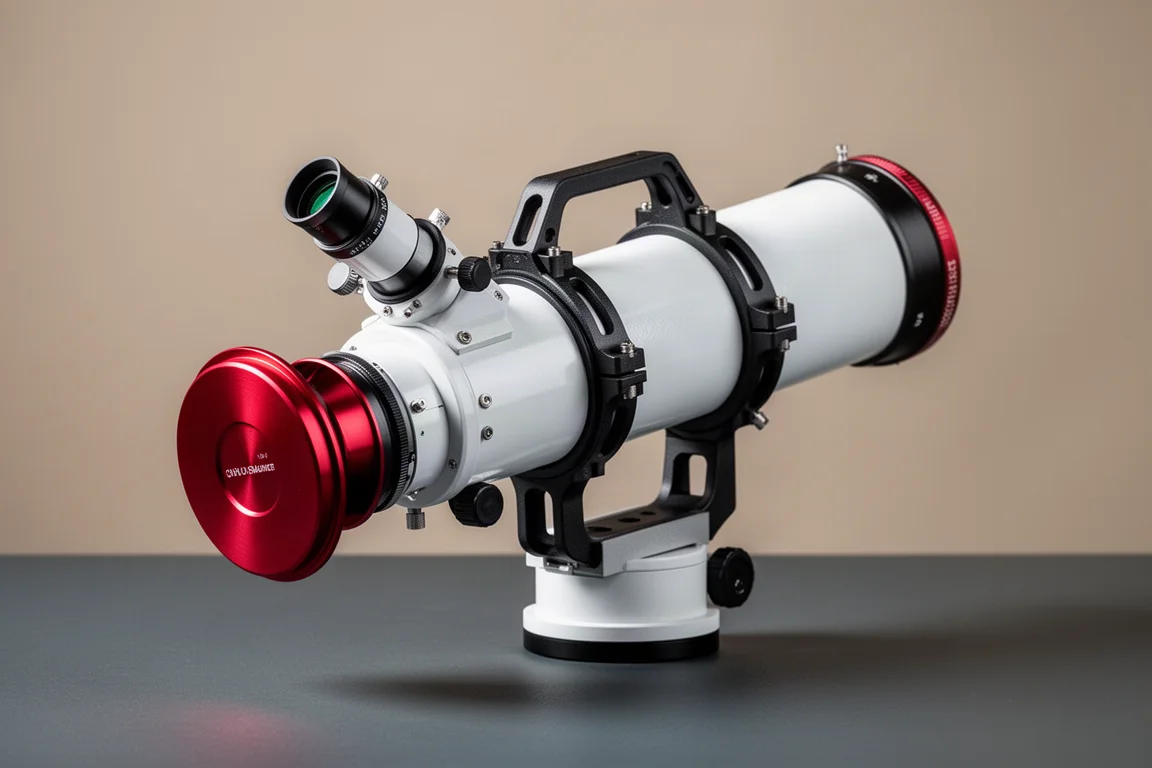 Compact white refractor telescope with red dust cap and CNC machined rings on a dark surface