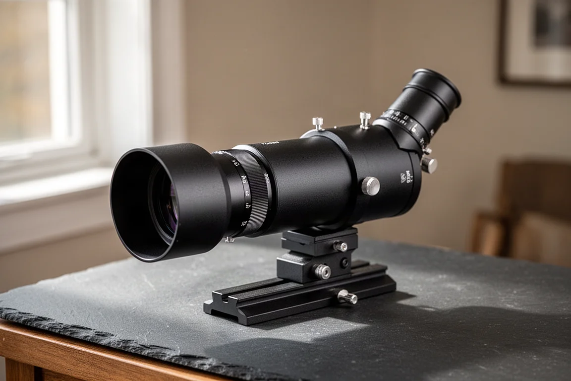 Telescópio refrator compacto com para-sol retrátil sobre uma superfície escura
