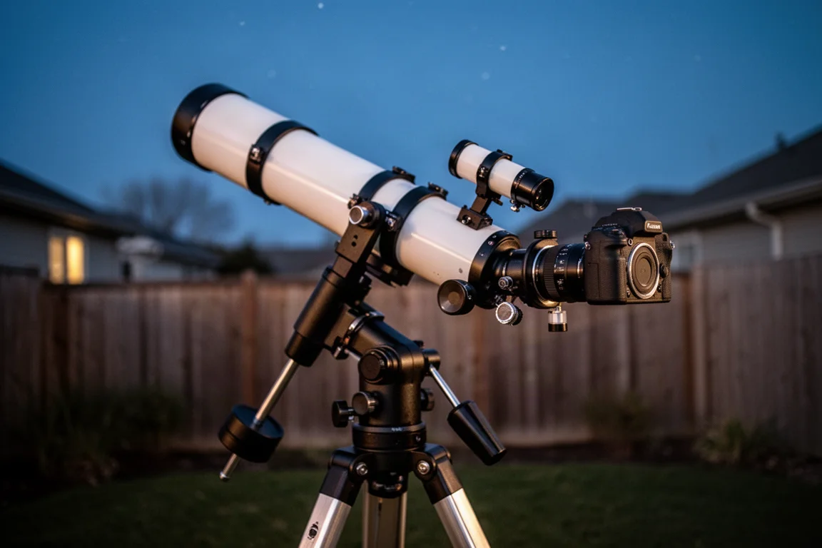 Configuração de astrofotografia com telescópio e câmera full-frame acoplada