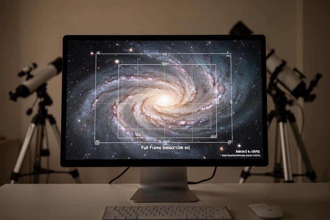 Imagem de astrofotografia de campo amplo da Galáxia de Andrômeda em uma tela de computador