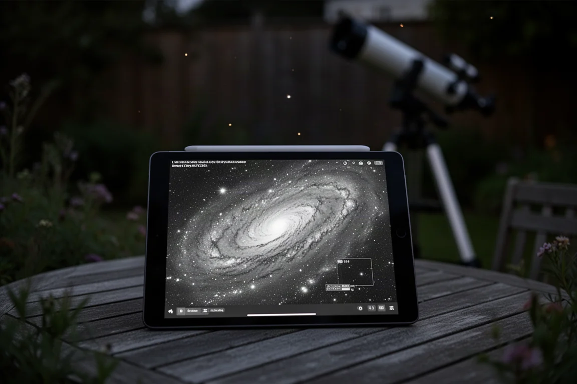 Laptop und Tablet zeigen ein Deep-Sky-Bild, das während des Live-Stackings entsteht