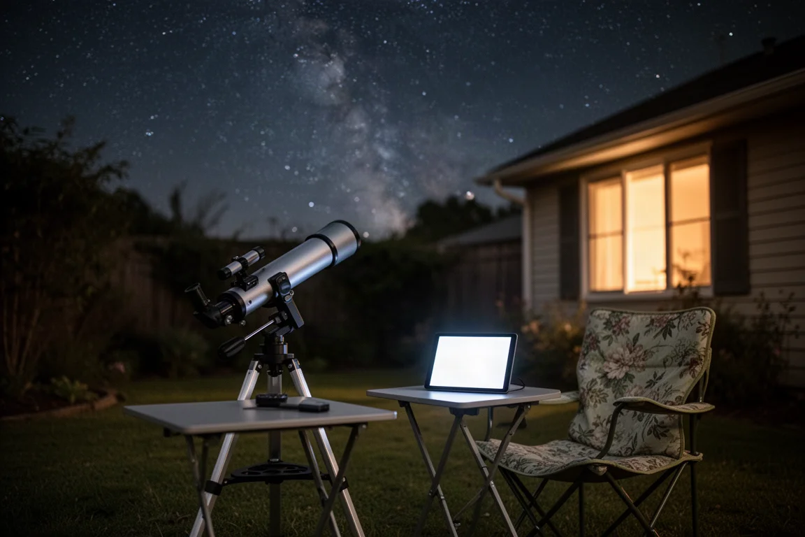 Beobachtungssetup im Garten bei Nacht mit Teleskop und Bildschirm neben einem Stuhl