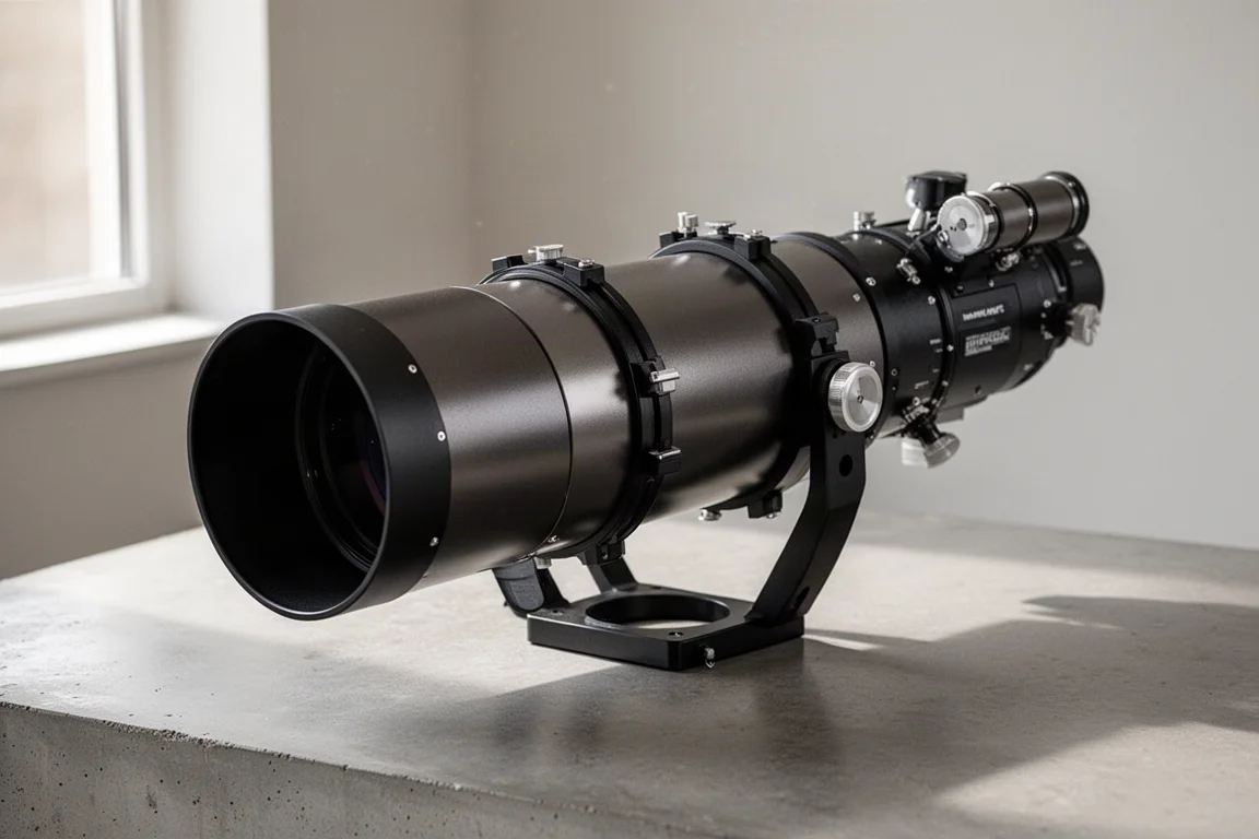 Premium-106mm-Astrograph-Teleskop mit ausgefahrenem Taukappen-Schild auf einer Betonfläche