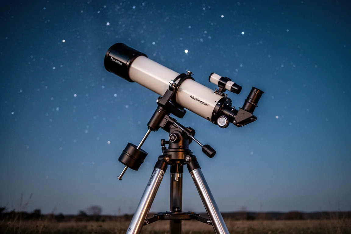 Astrofotografie-Setup mit Teleskop auf äquatorialer Montierung unter dem Nachthimmel