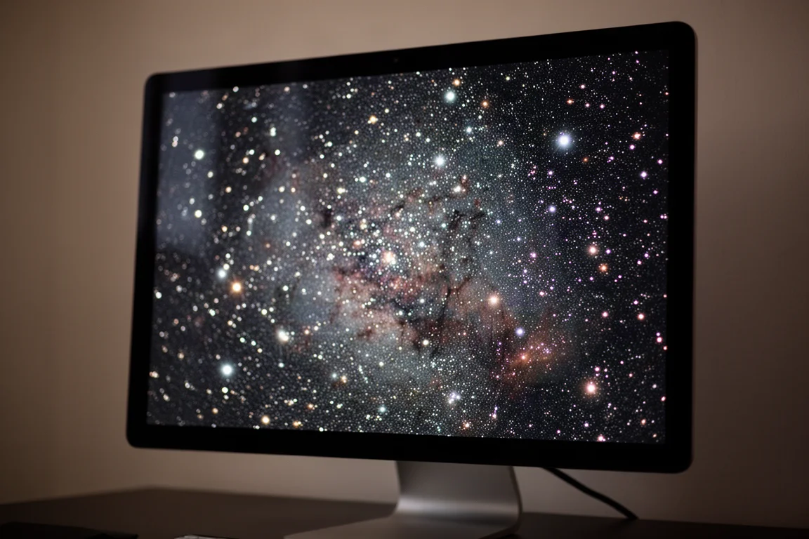 Sternfeldbild mit scharfen Sternen über das gesamte Bildfeld auf einem Computerbildschirm