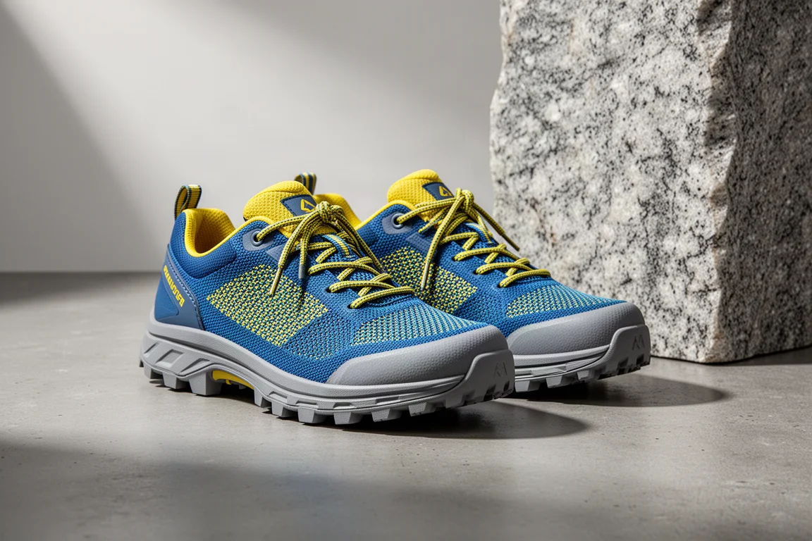 Blue and yellow approach shoes with rubber rand resting on concrete beside rough granite