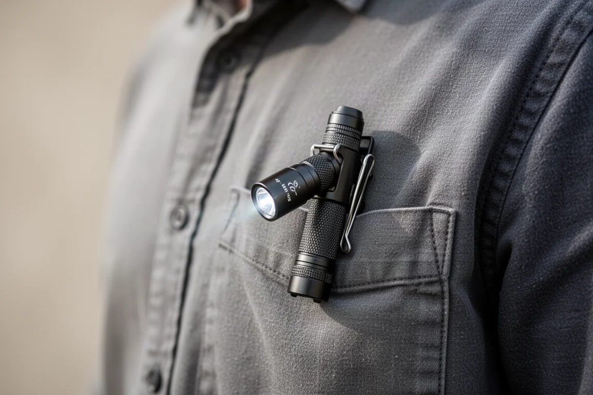 Kompakte Penlight-Taschenlampe, bei Tageslicht an einem Hemdkollier befestigt