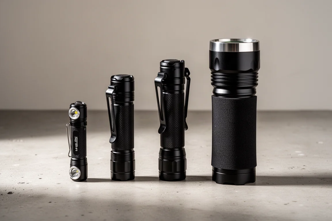 Three ASP tactical flashlights of increasing size on a concrete surface