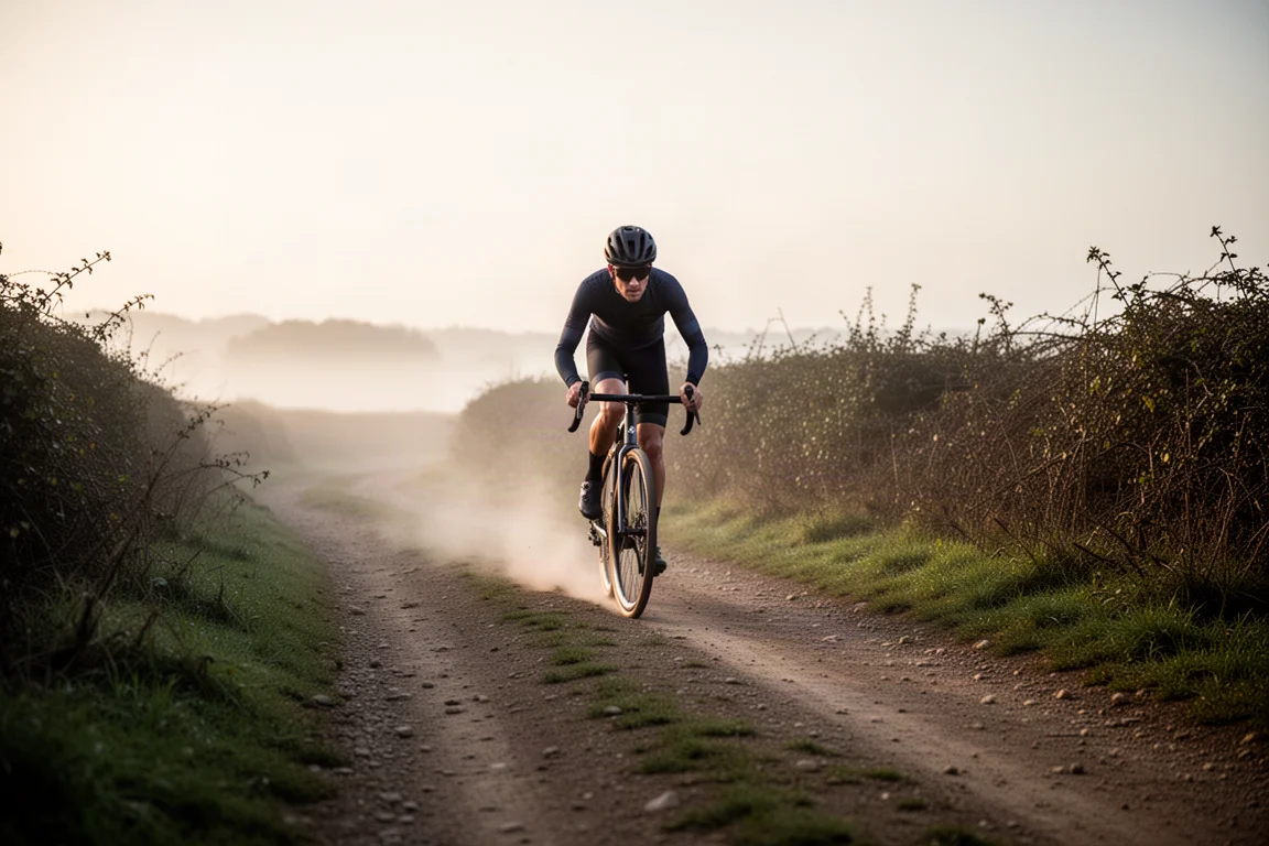 Ciclista gravel che pedala su uno sterrato all'alba con la polvere dietro la ruota