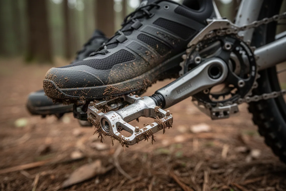 Primo piano di una scarpa da ciclismo off-road che si aggancia a un corpo pedale infangato