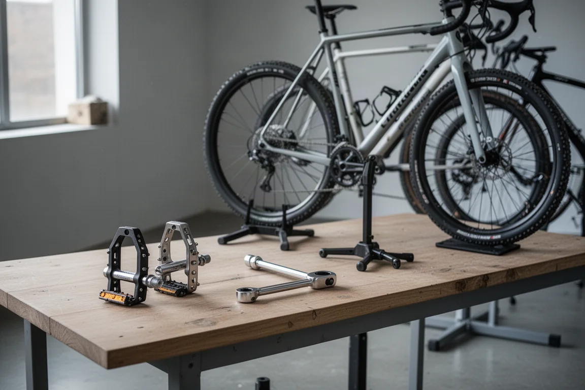 Pedali e attrezzi su un banco da officina accanto a un cavalletto per bici