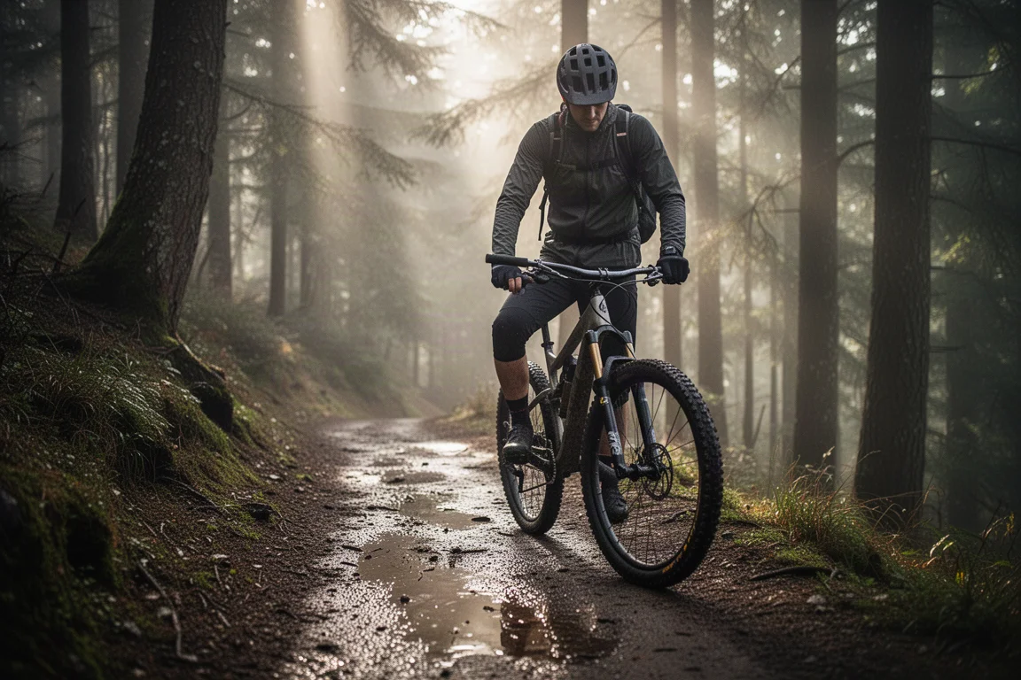 Ciclista fermo in cima a una salita nel bosco accanto a una mountain bike
