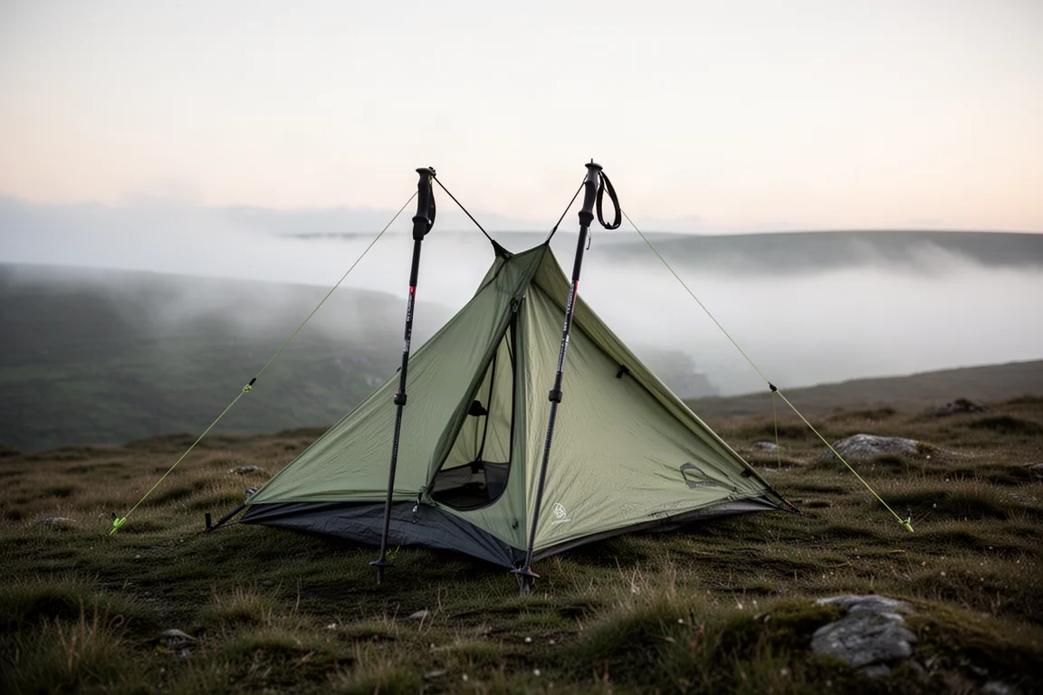 Riparo leggero per bastoncini da trekking montato su un crinale di brughiera nella nebbia alle prime luci