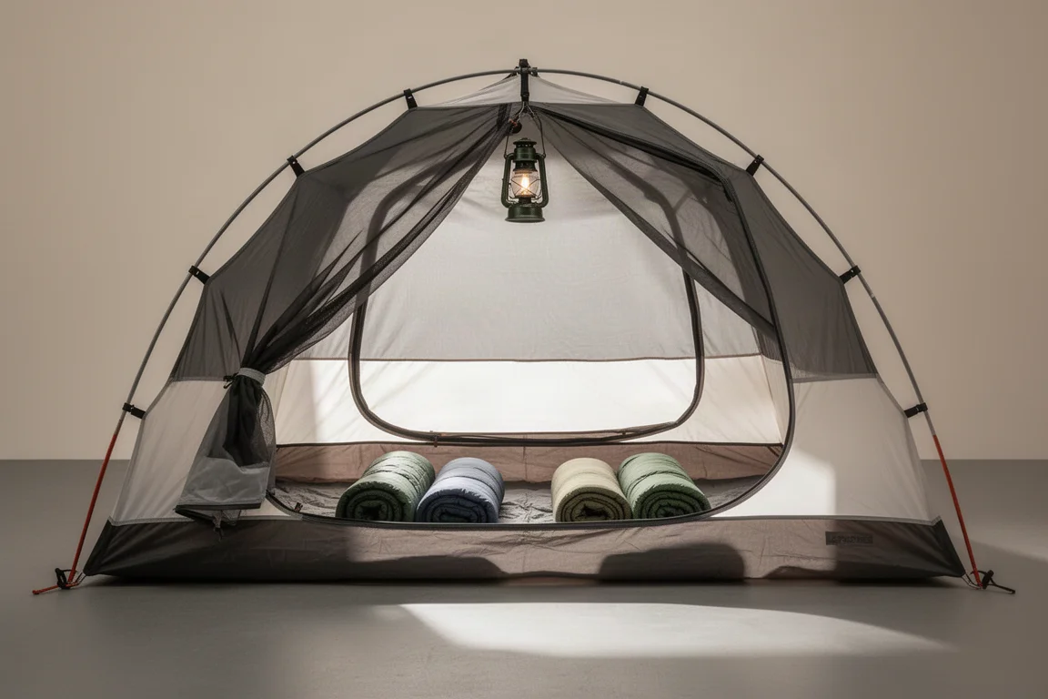 Interno di una tenda a due posti per bastoncini con camera in mesh, fondo vasca basso e porta aperta