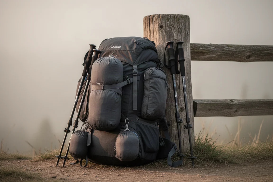 Zaino imballato con sacche grigio scuro per la tenda e bastoncini da trekking al punto di partenza di un sentiero