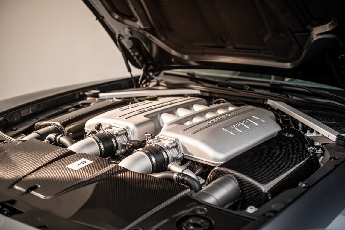 Primer plano de un motor V12 biturbo bajo un capó abierto