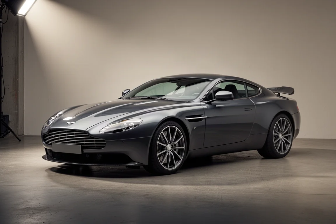 Dark grey Aston Martin V12 Vantage coupe on matte concrete in a minimal studio