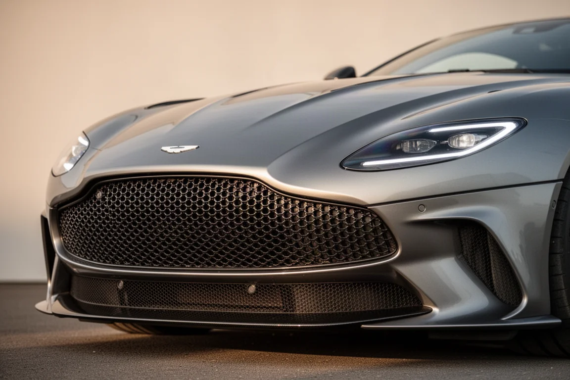 Vista anteriore a tre quarti di una sports car moderna con griglia aggressiva e passaruota larghi