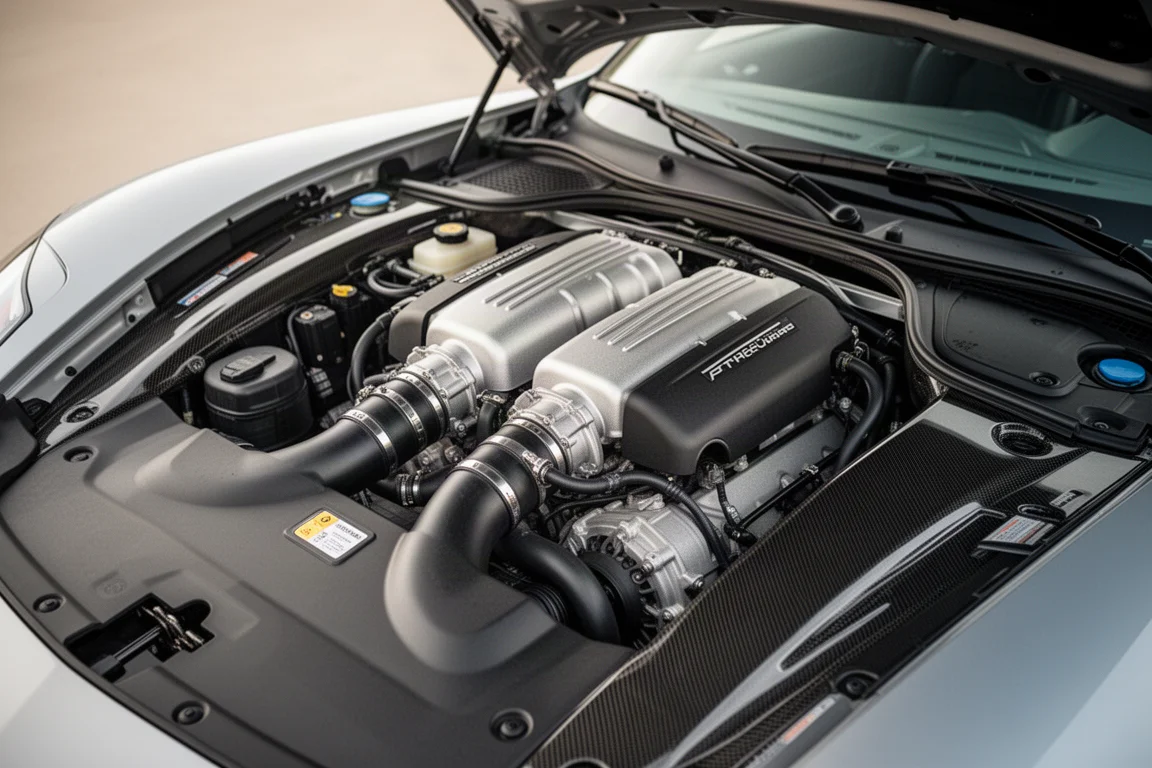 Vano motore V8 biturbo con tubazioni di aspirazione visibili