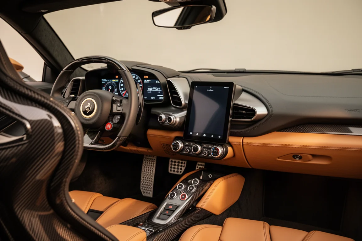 Cockpit orientato al guidatore con display digitale, manopole fisiche e sedili baquet