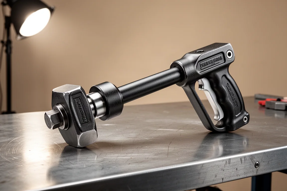Collection of slide hammers and air pullers arranged on a concrete workbench