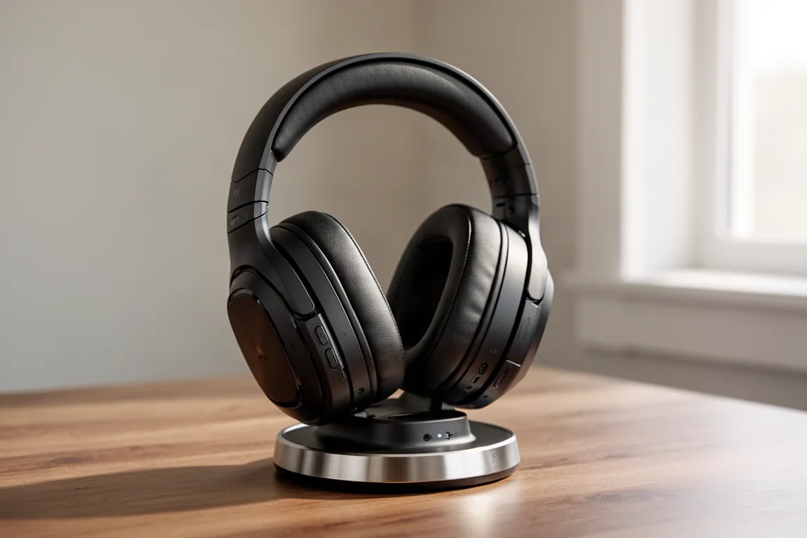 SteelSeries Arctis Nova Pro OMNI 無線遊戲耳機搭配底座，置於水泥表面上