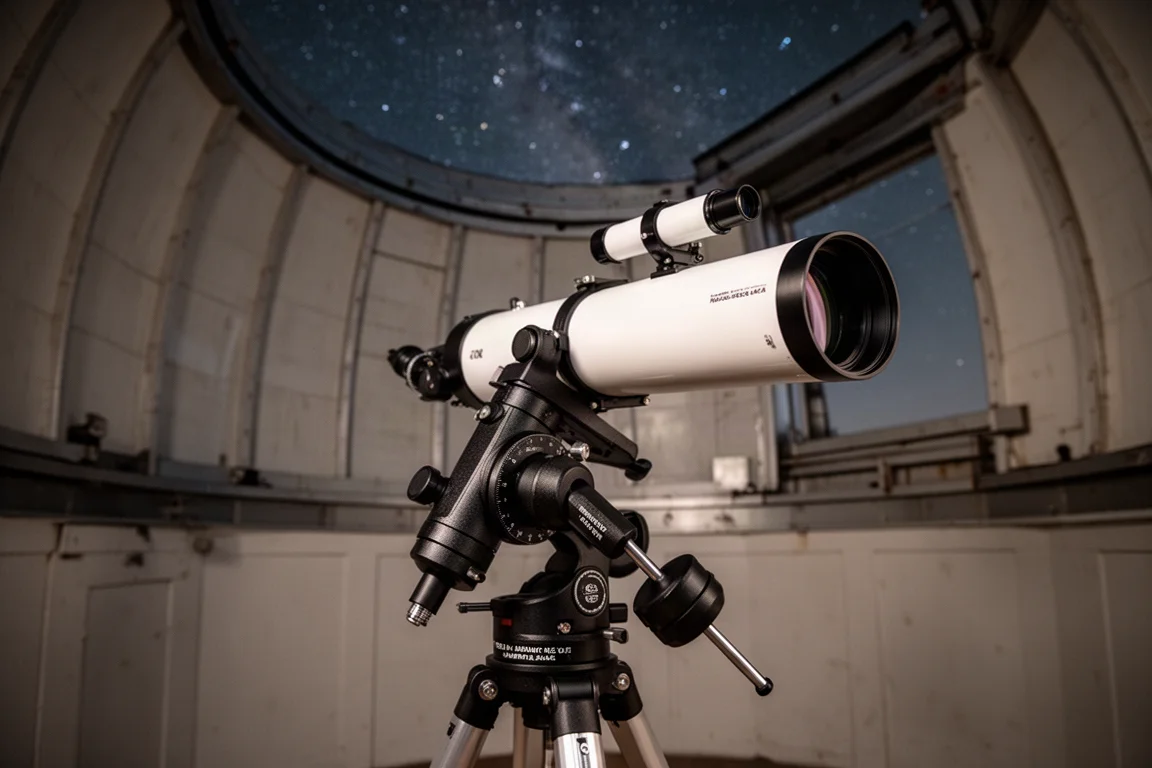 Teleskop auf einer Harmonic-Drive-Montierung in einem Observatorium mit Sternenhimmel
