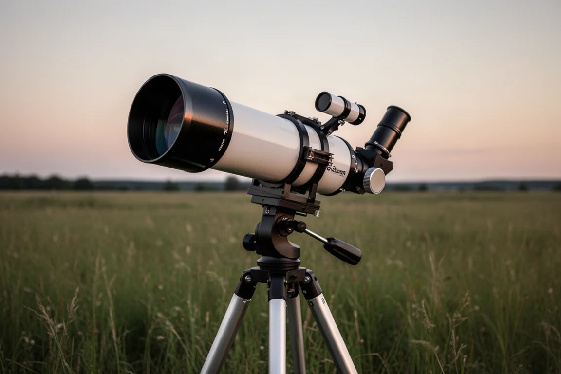 Kompaktes schnelles Refraktor-Teleskop auf einem Stativ auf einem Feld in der Dämmerung