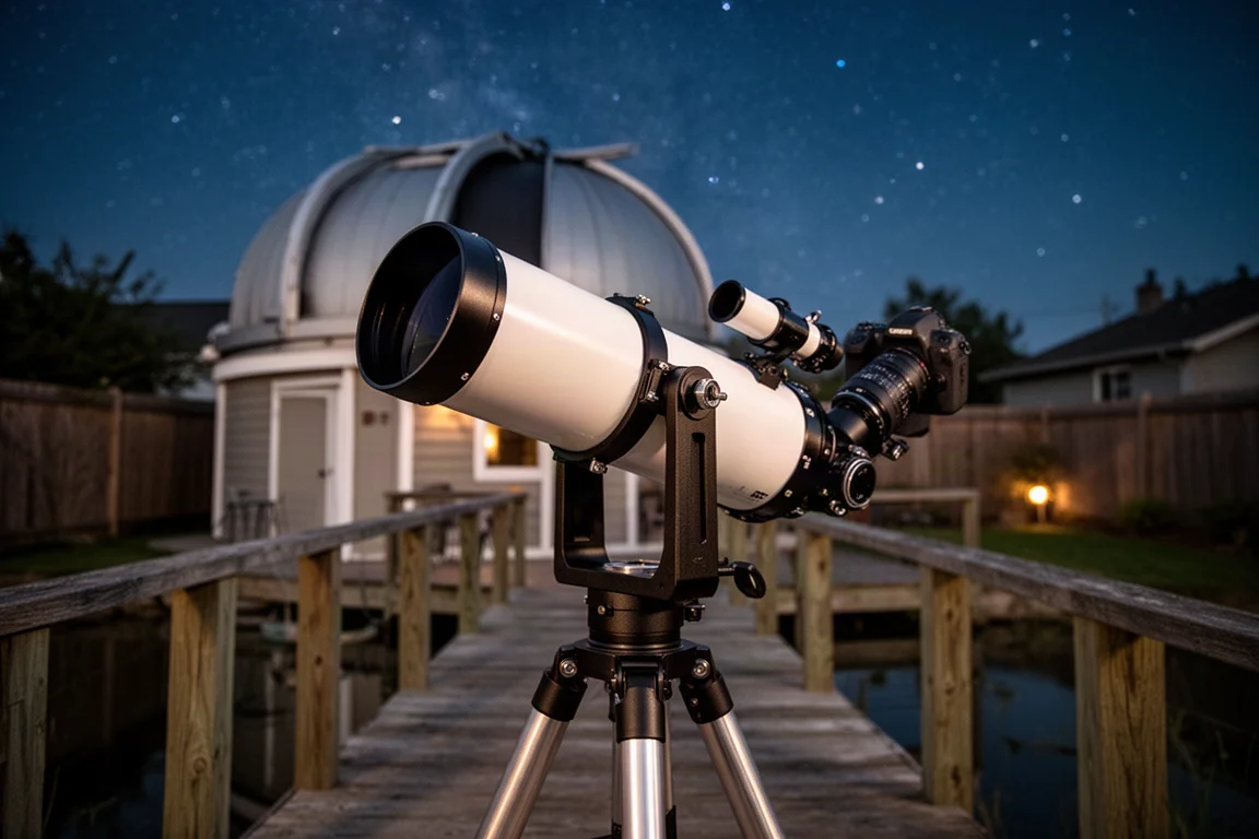 Kompaktes Astrograph-Teleskop mit Kamera, aufgebaut in einem Hinterhof-Observatorium bei Nacht