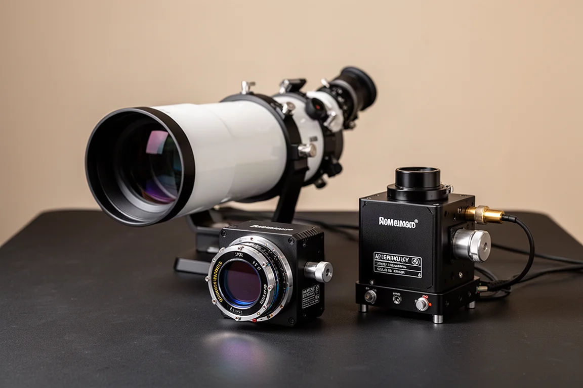 Attrezzatura per astrofotografia che include un telescopio, una fotocamera e un focuser su una superficie scura