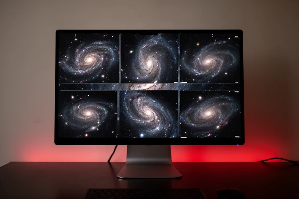 Nebelfotografien auf einem Monitor während einer nächtlichen Aufnahmesession