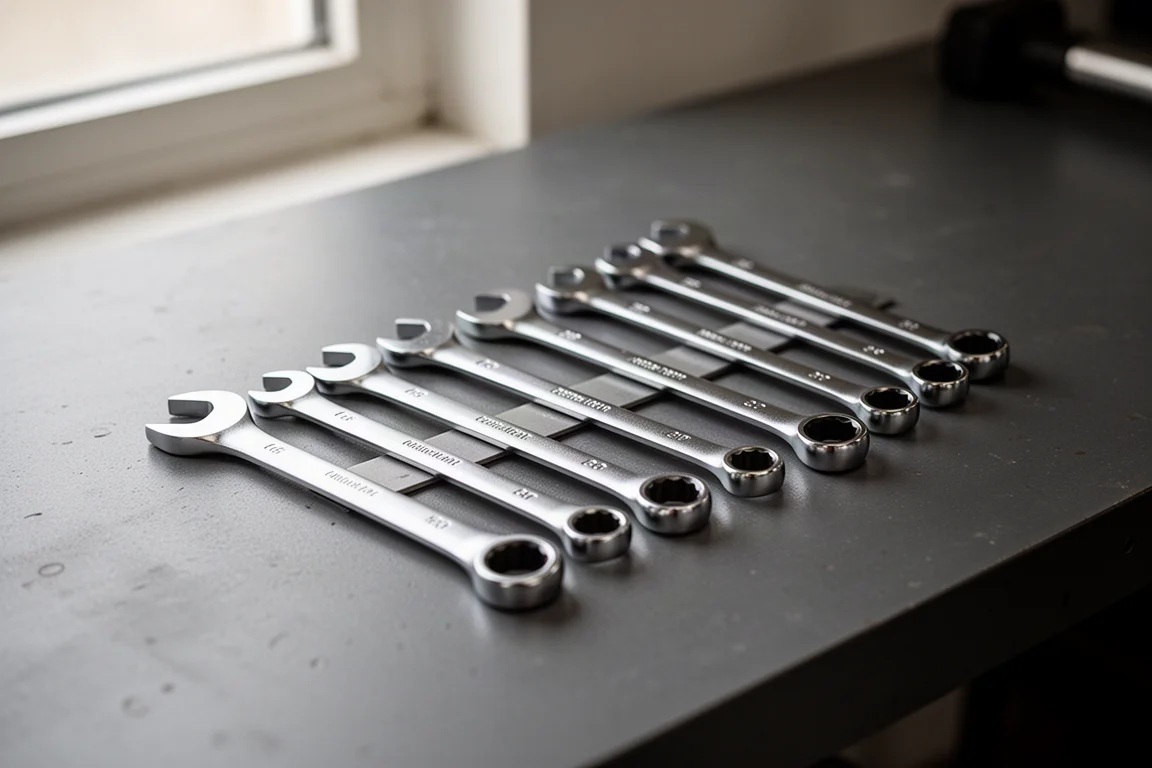 A fanned set of slim combination wrenches laid out on a dark workshop bench