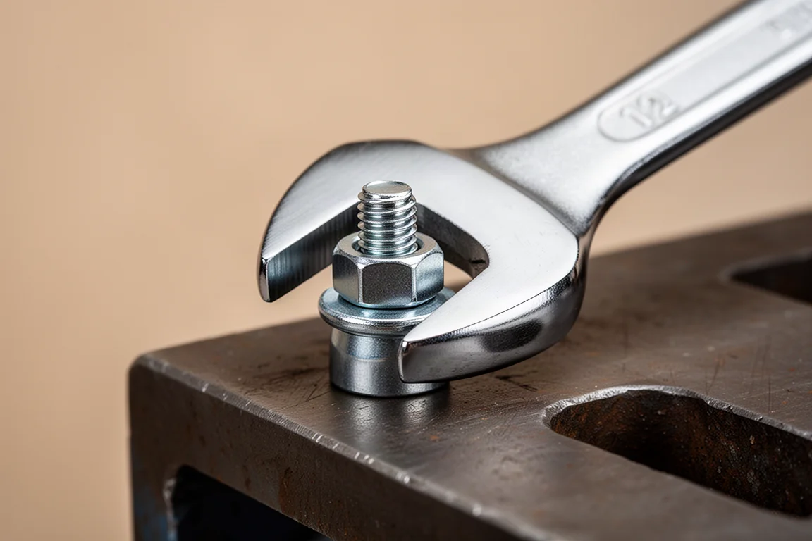 Close-up of a wrench open end gripping a bolt head on a workbench