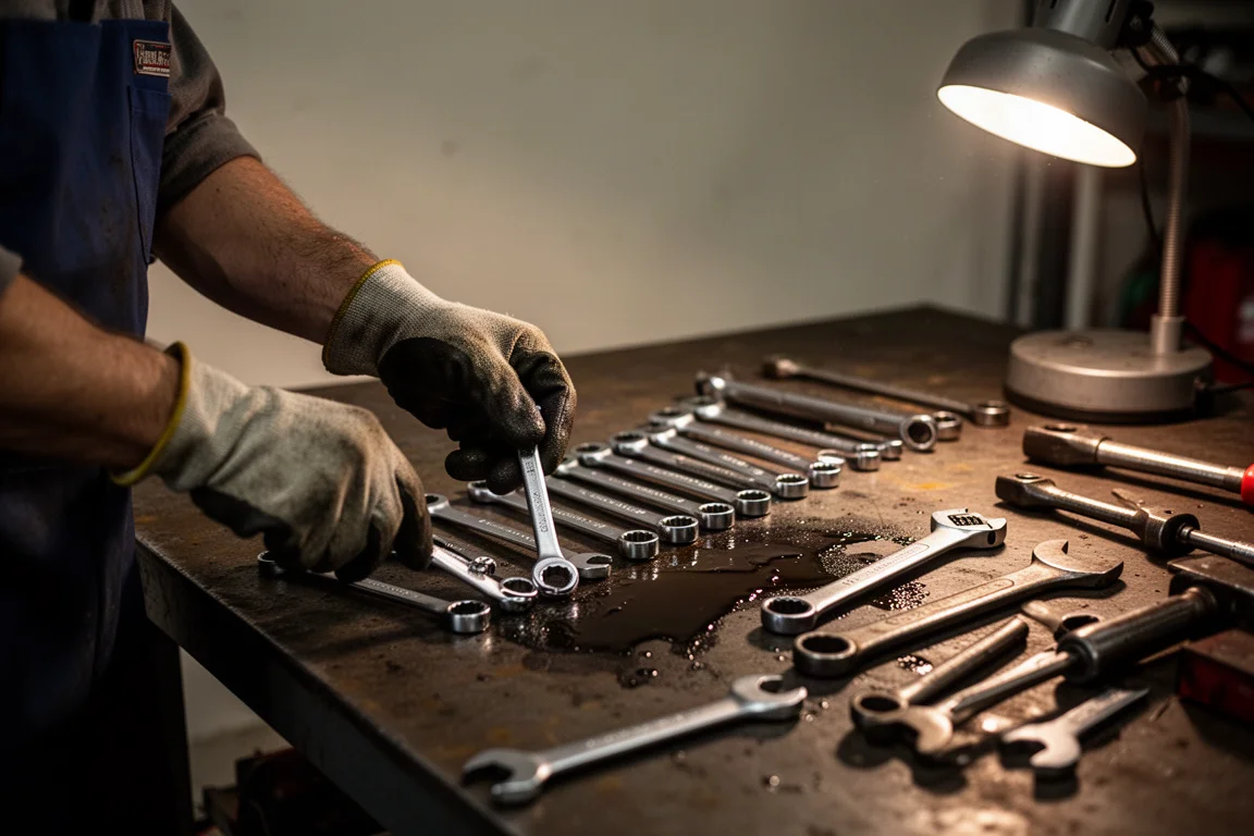 Mechanic working with wrenches in a dimly lit home garage