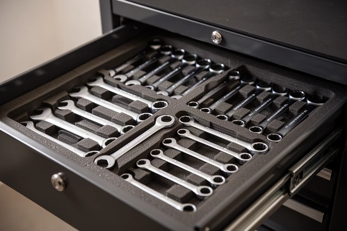 Two wrench sets stored side by side in a tool chest drawer