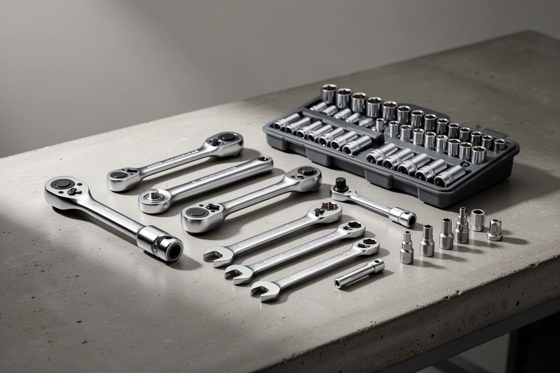 Assortiment compacte Astro-handgereedschap op een betonnen werkbank