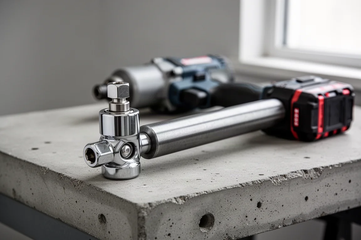 Close-up of a pinless swivel socket head on a thick extension shaft resting on a workbench