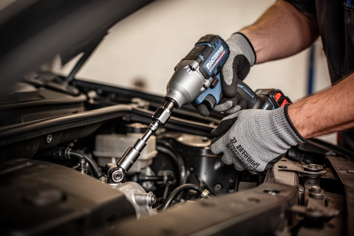 Technician using an impact wrench with a swivel socket extension to reach a recessed bolt