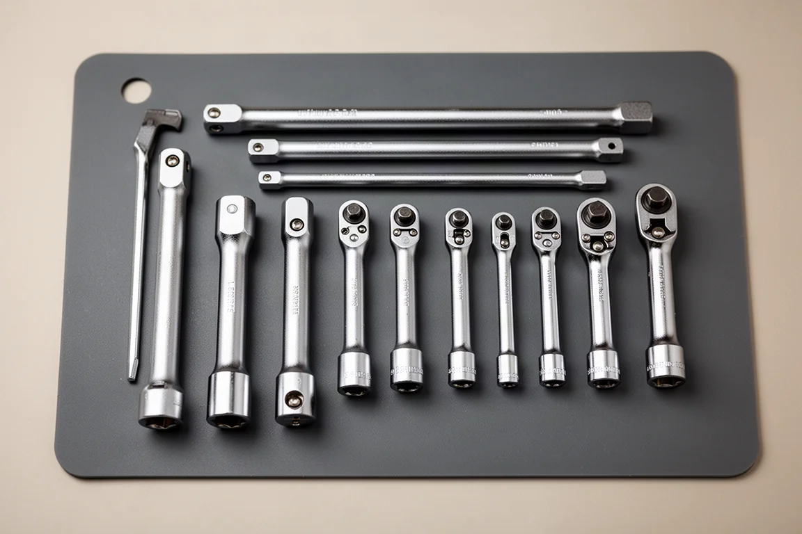 Larger half-inch drive swivel socket extensions laid out showing thick shafts