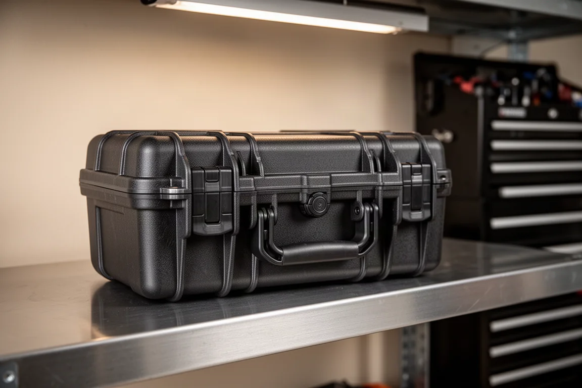 Blow-molded storage case of socket set closed on a garage shelf