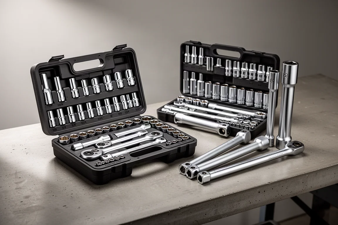 Twee Astro pinless universele swivel dopsensets in blow-molded koffers op een werkbank
