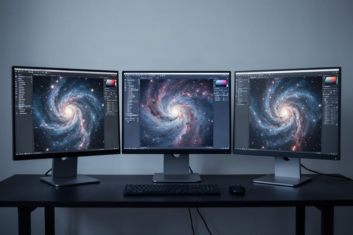 Tres monitores de computadora mostrando imágenes de astrofotografía de nebulosas y galaxias