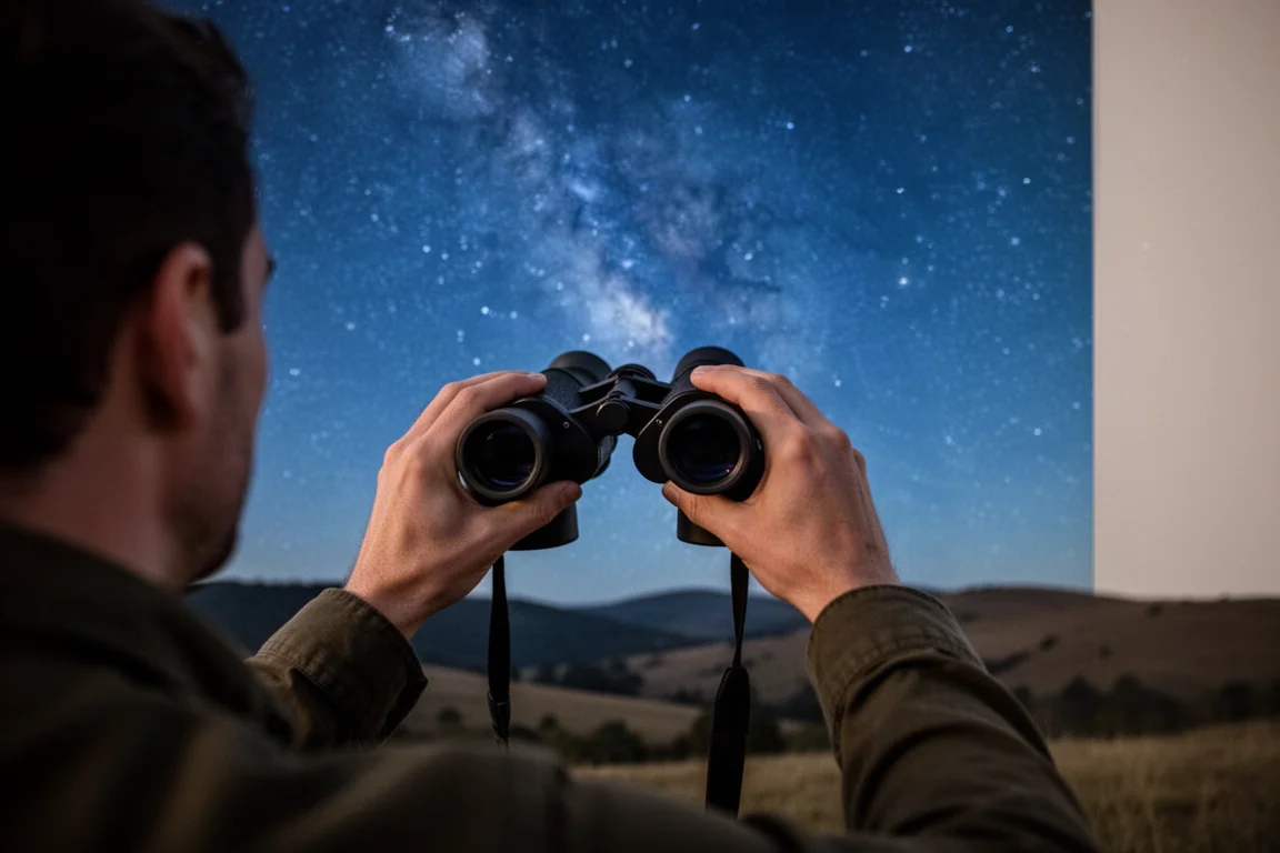 Person hält ein Fernglas, gerichtet auf einen sternklaren Nachthimmel über silhouettierten Hügeln