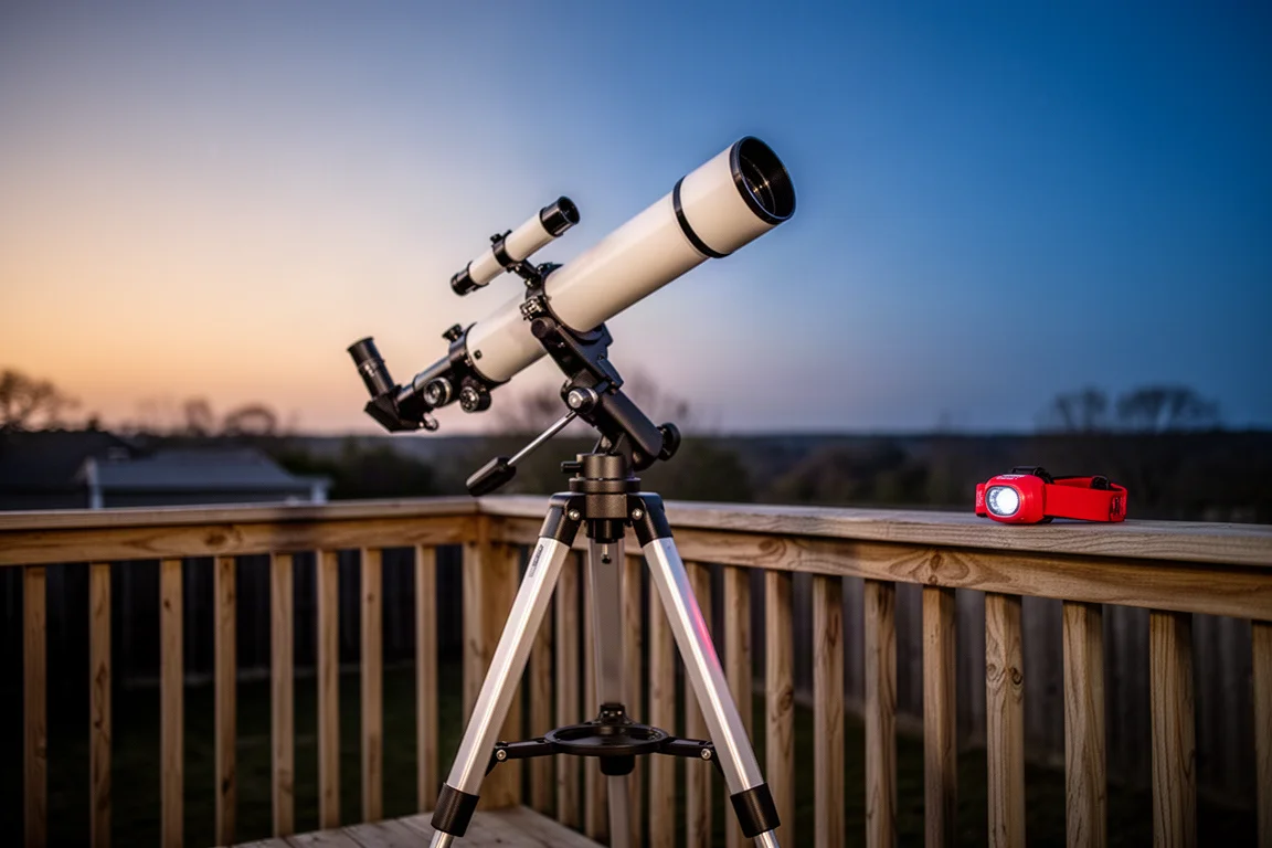 Refraktor-Teleskop auf einer Terrasse aufgebaut, bereit für einen Beobachtungsabend