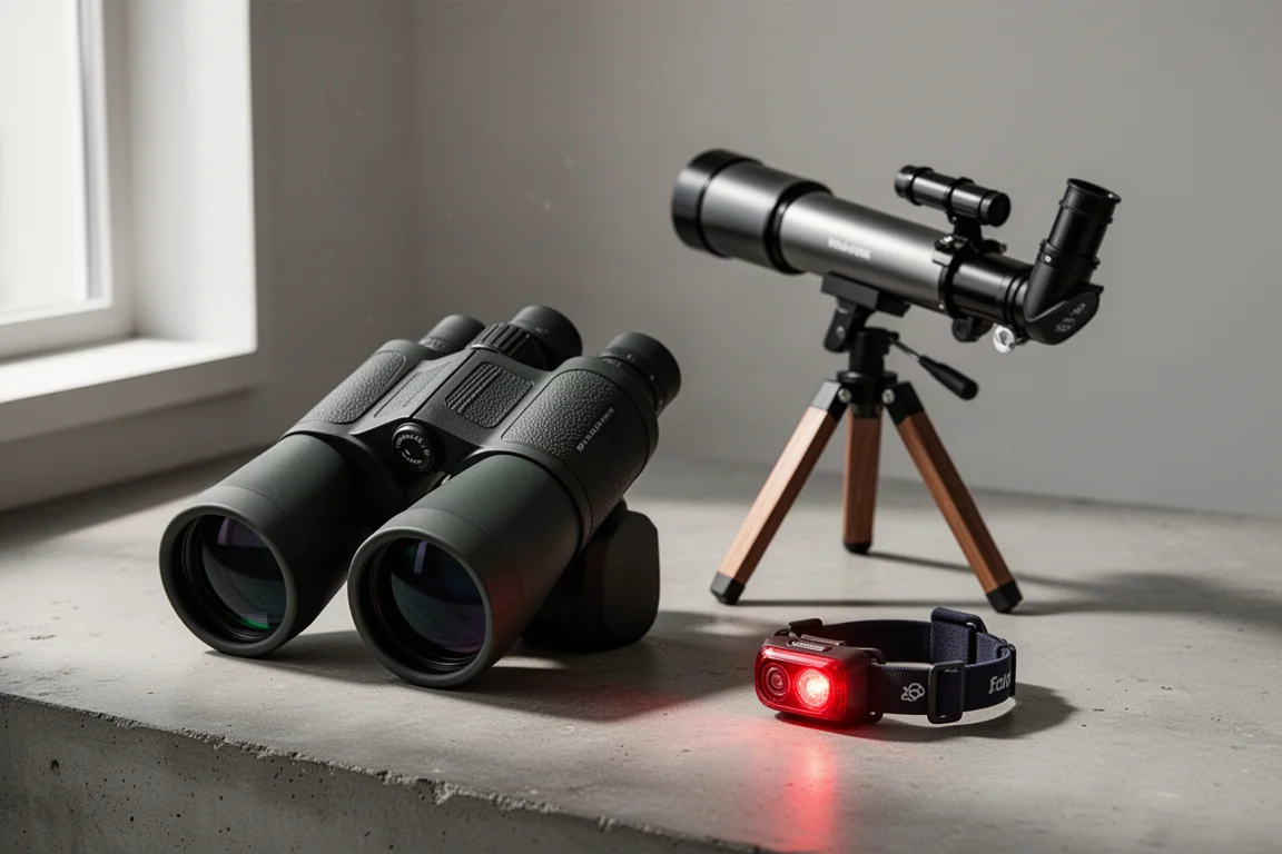 Binoculars, a refractor telescope and a red headlamp arranged on a concrete surface