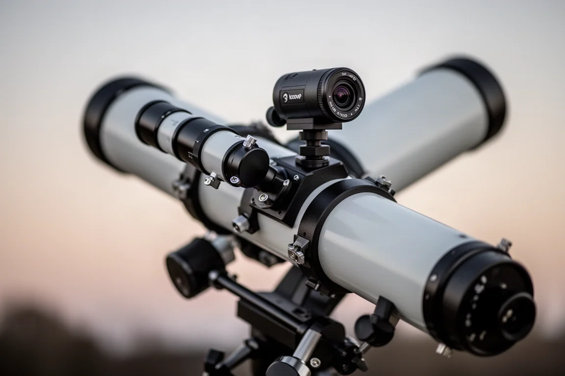 Leitrohr und Leitkamera auf einem Hauptteleskop für Astrofotografie montiert