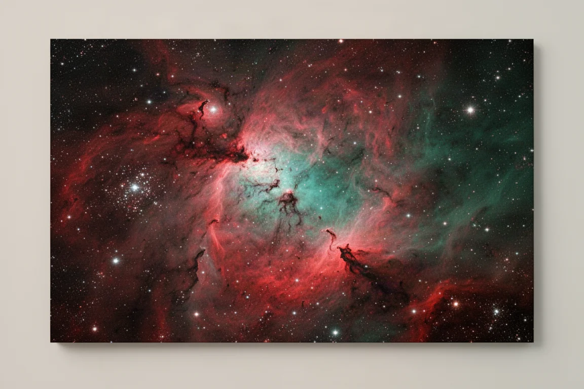 Emissionsnebel in tiefen Rot- und Türkistönen, aufgenommen durch ein Schmalbandfilter