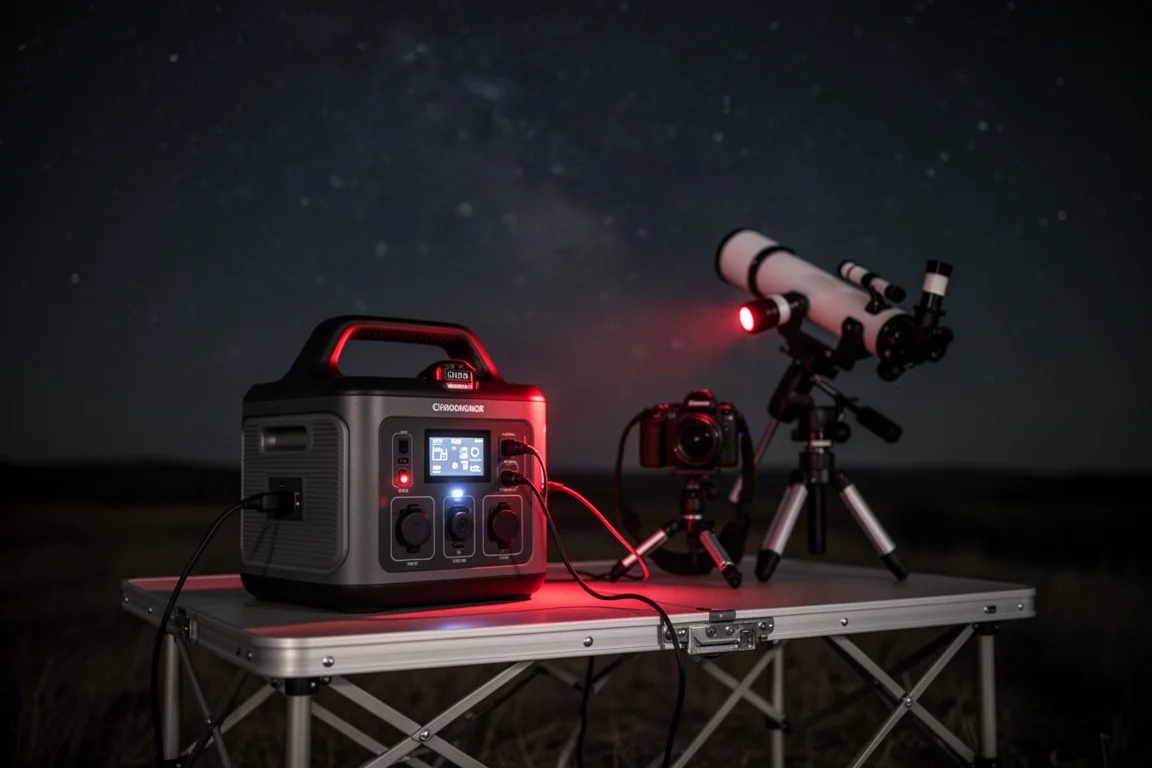 Astrophotografie-Setup unter dunklem Himmel im Betrieb, mit rotem Schein einer Stirnlampe